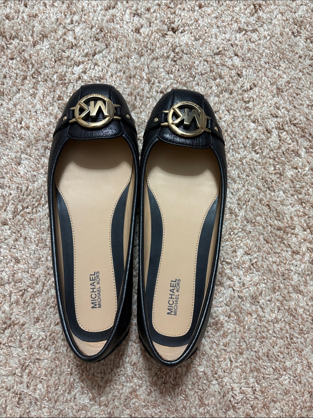 MICHAEL Michael Kors Black Leather Logo Ballet Flats with Gold MK Emblem